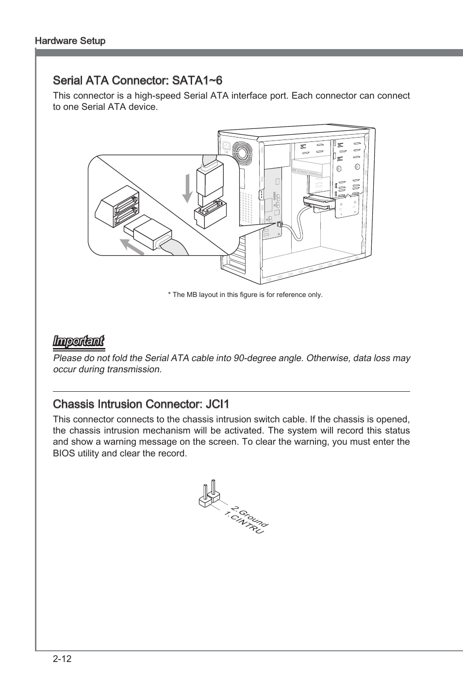 Chapter 2, Seral ata connector: sata1~6, Important | Chasss intruson connector: jci1 | MSI 870-G45 User Manual | Page 27 / 104