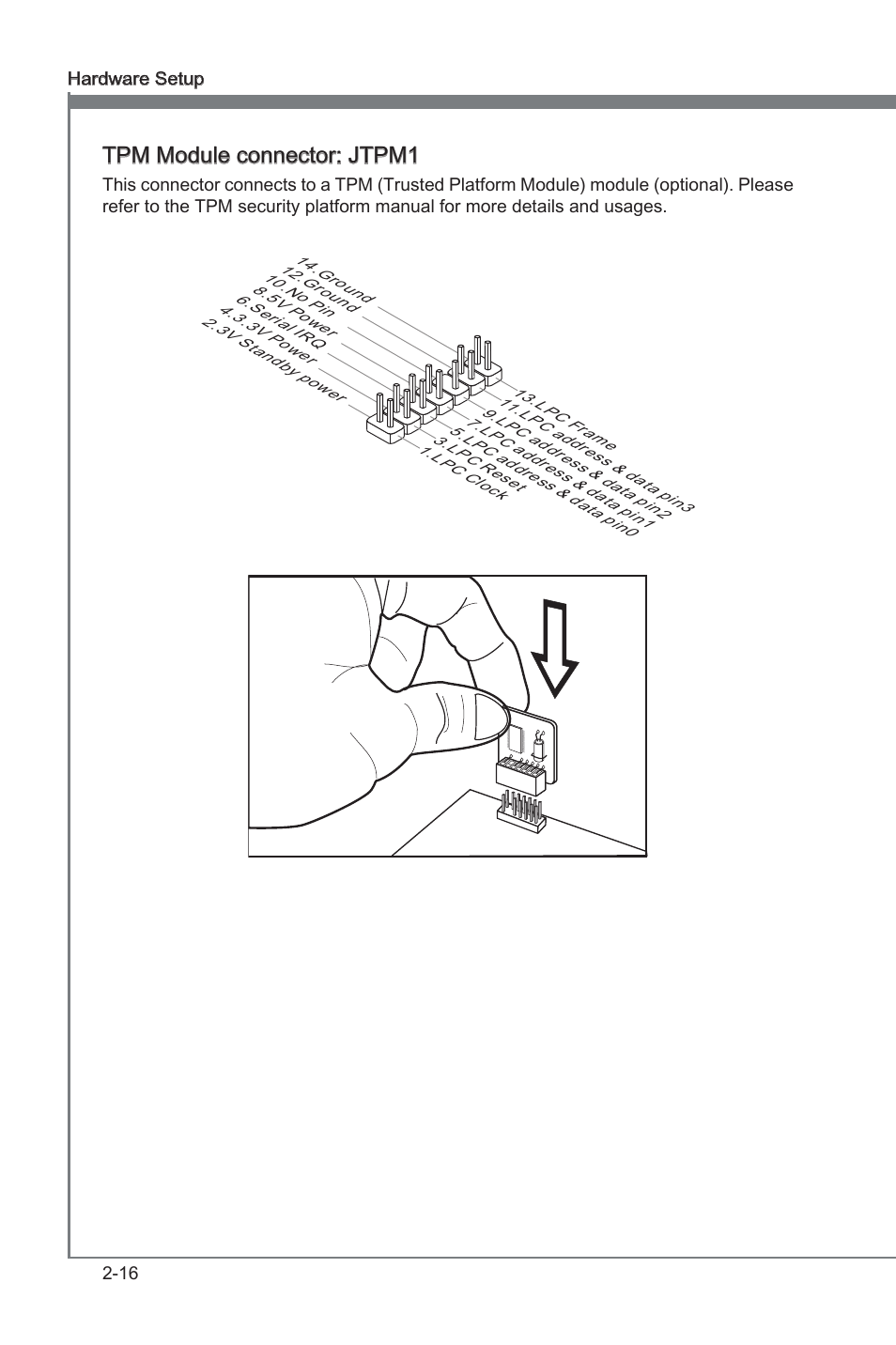 Chapter 2, Tpm module connector: jtpm1 | MSI 870-G45 User Manual | Page 31 / 104
