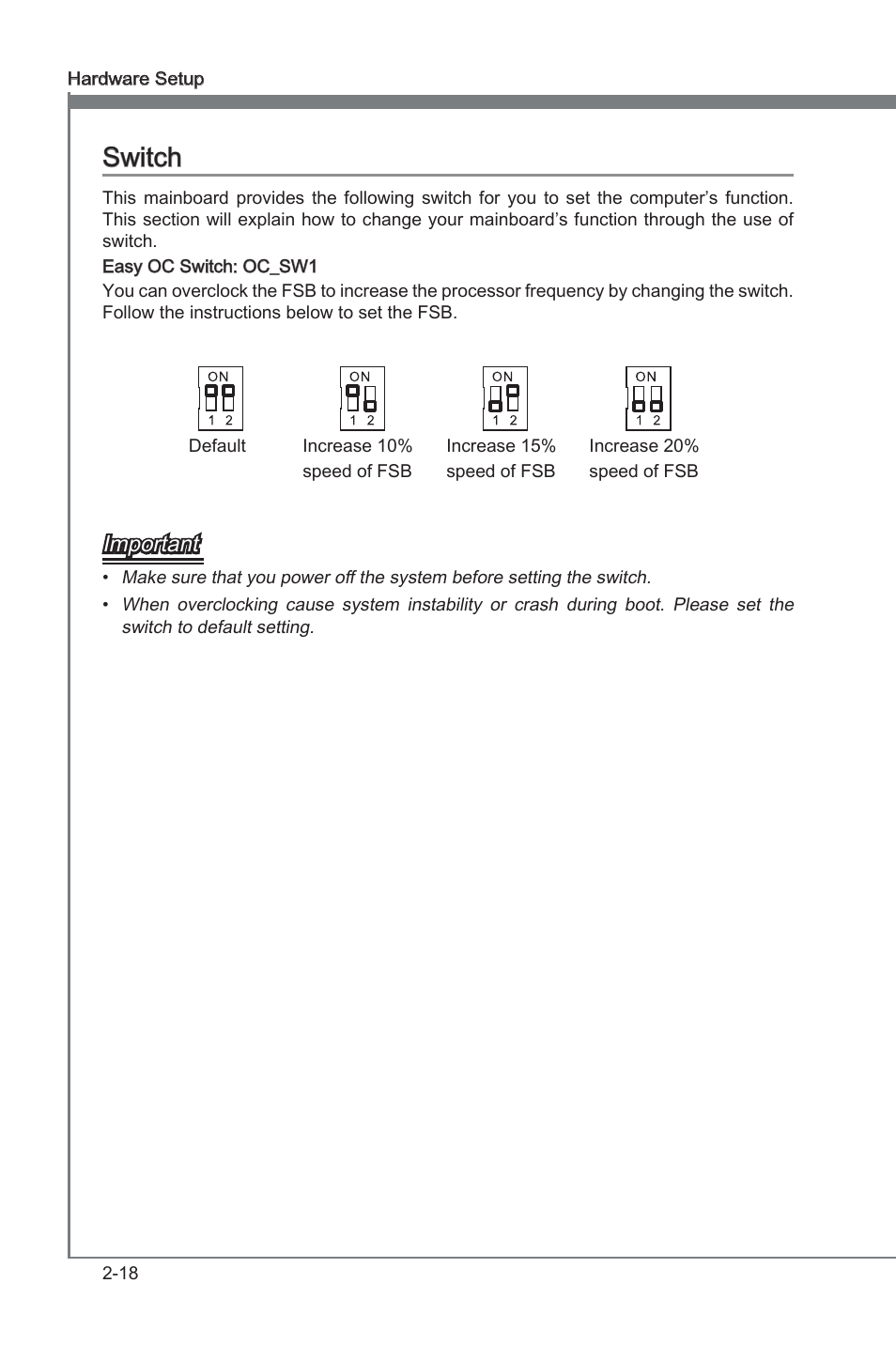 Swtch -18, Chapter 2, Chapter 2 swtch | Important | MSI 870-G45 User Manual | Page 33 / 104