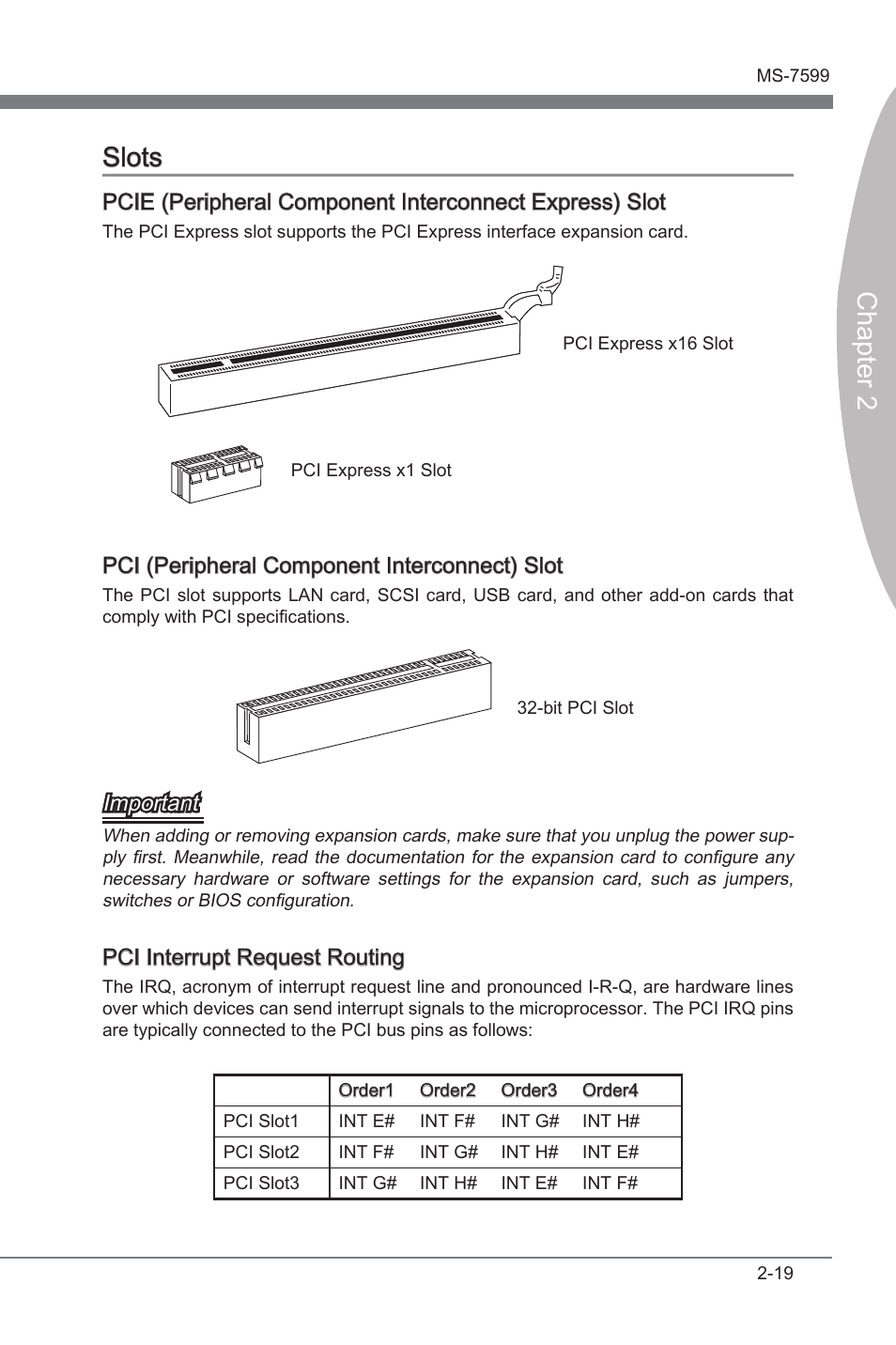 Slots -19, Chapter 2, Chapter 2 slots | Pci (perpheral component interconnect) slot, Important, Pci interrupt request routng | MSI 870-G45 User Manual | Page 34 / 104