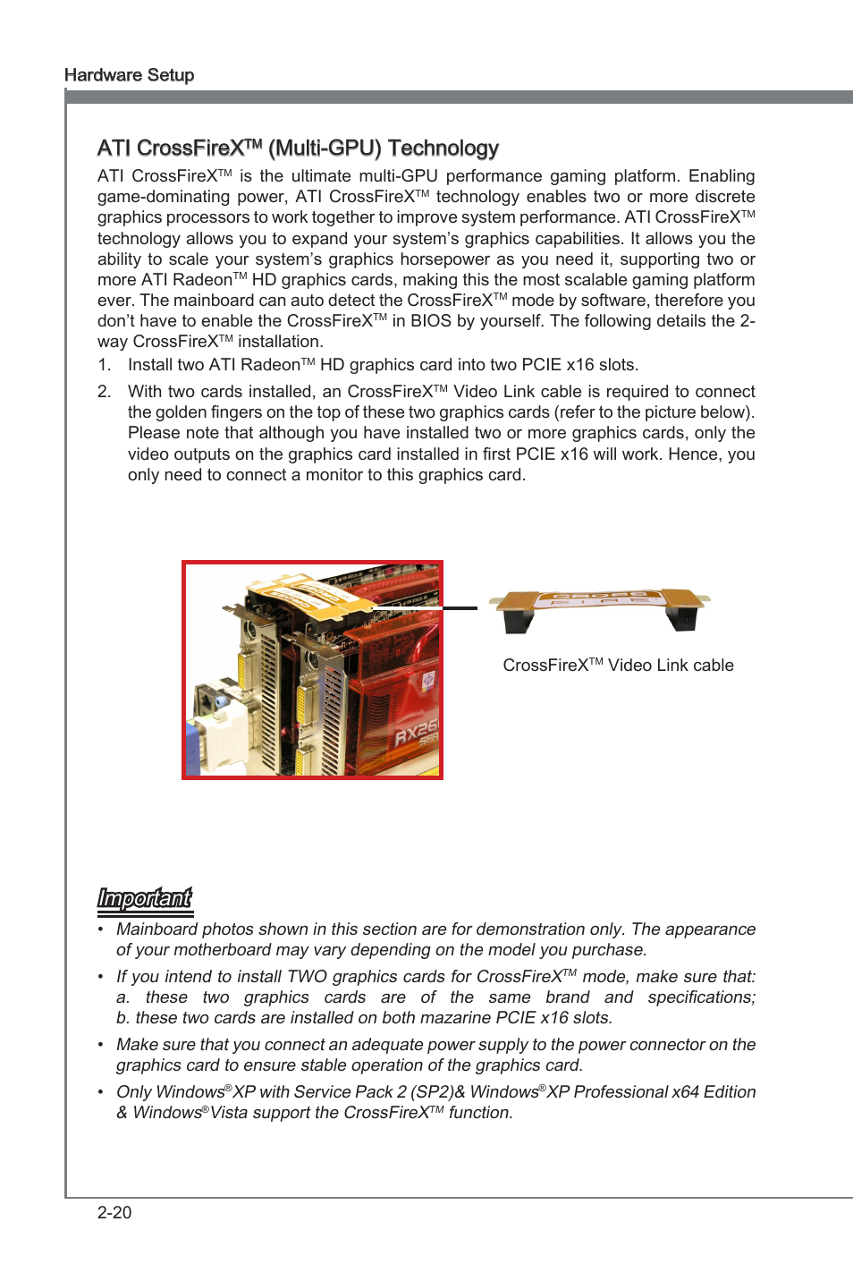 Chapter 2, Ati crossfrex, Mult-gpu) technology | Important | MSI 870-G45 User Manual | Page 35 / 104