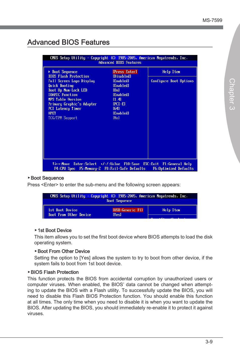 Advanced bios features -9, Chapter 3, Chapter 3 advanced bios features | MSI 870-G45 User Manual | Page 46 / 104