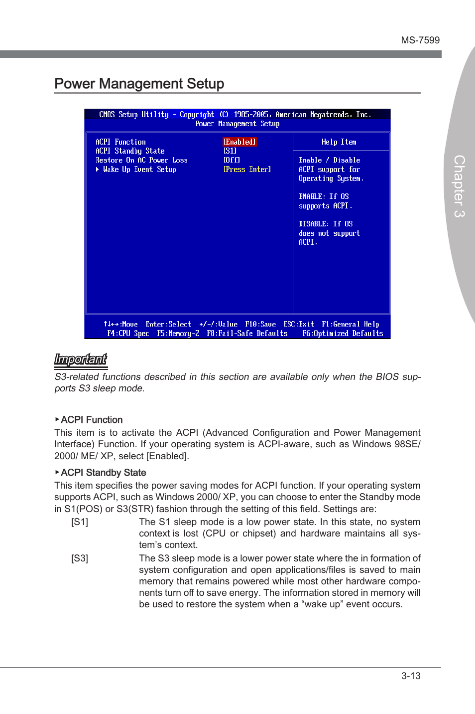 Power management setup -13, Chapter 3, Chapter 3 power management setup | Important | MSI 870-G45 User Manual | Page 50 / 104