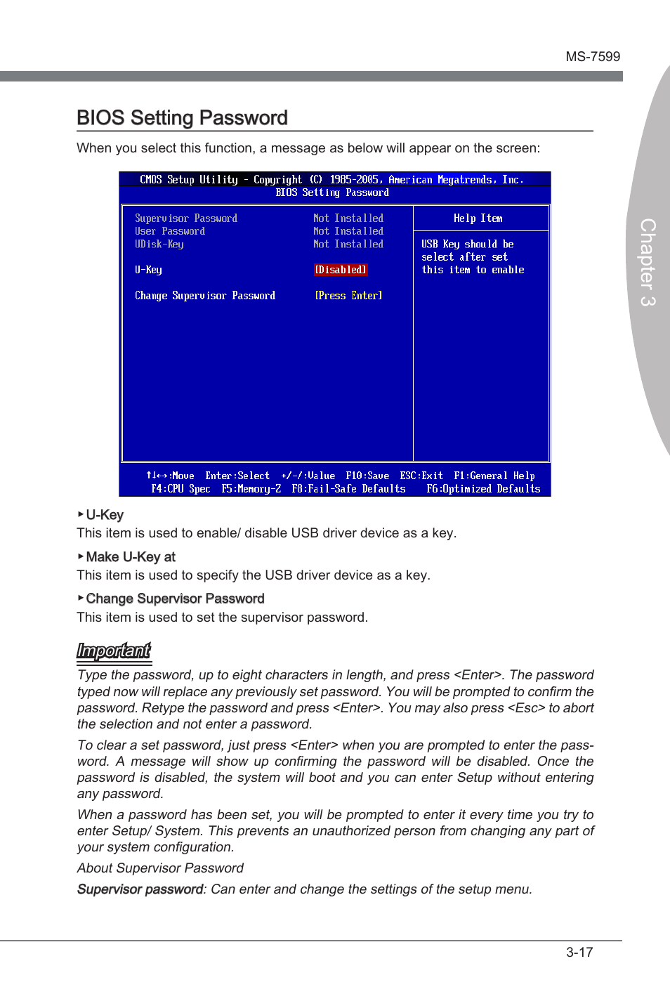 Bios settng password -17, Chapter 3, Chapter 3 bios settng password | Important | MSI 870-G45 User Manual | Page 54 / 104
