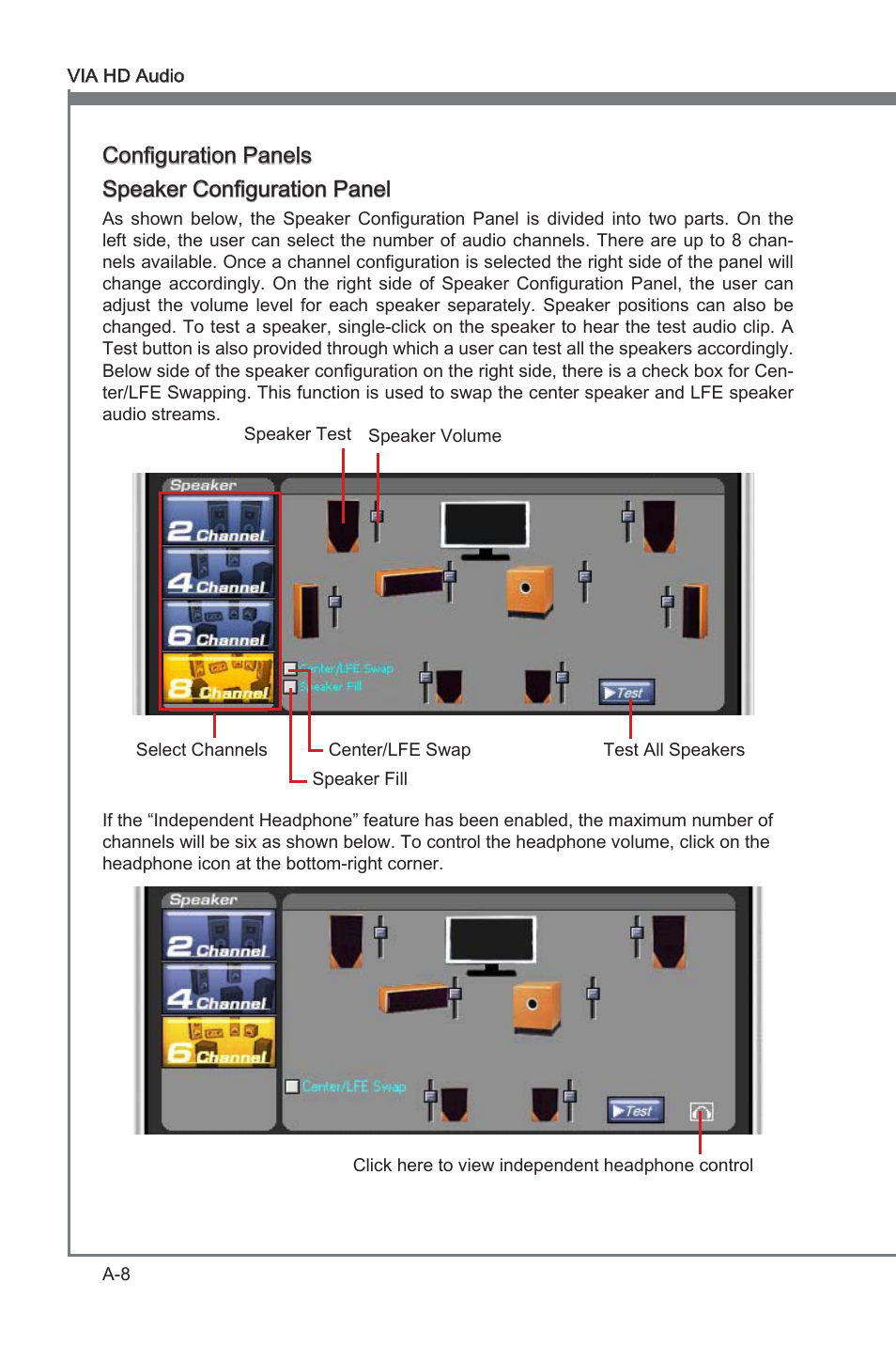 Append x a, Configuraton panels speaker configuraton panel | MSI 870-G45 User Manual | Page 73 / 104