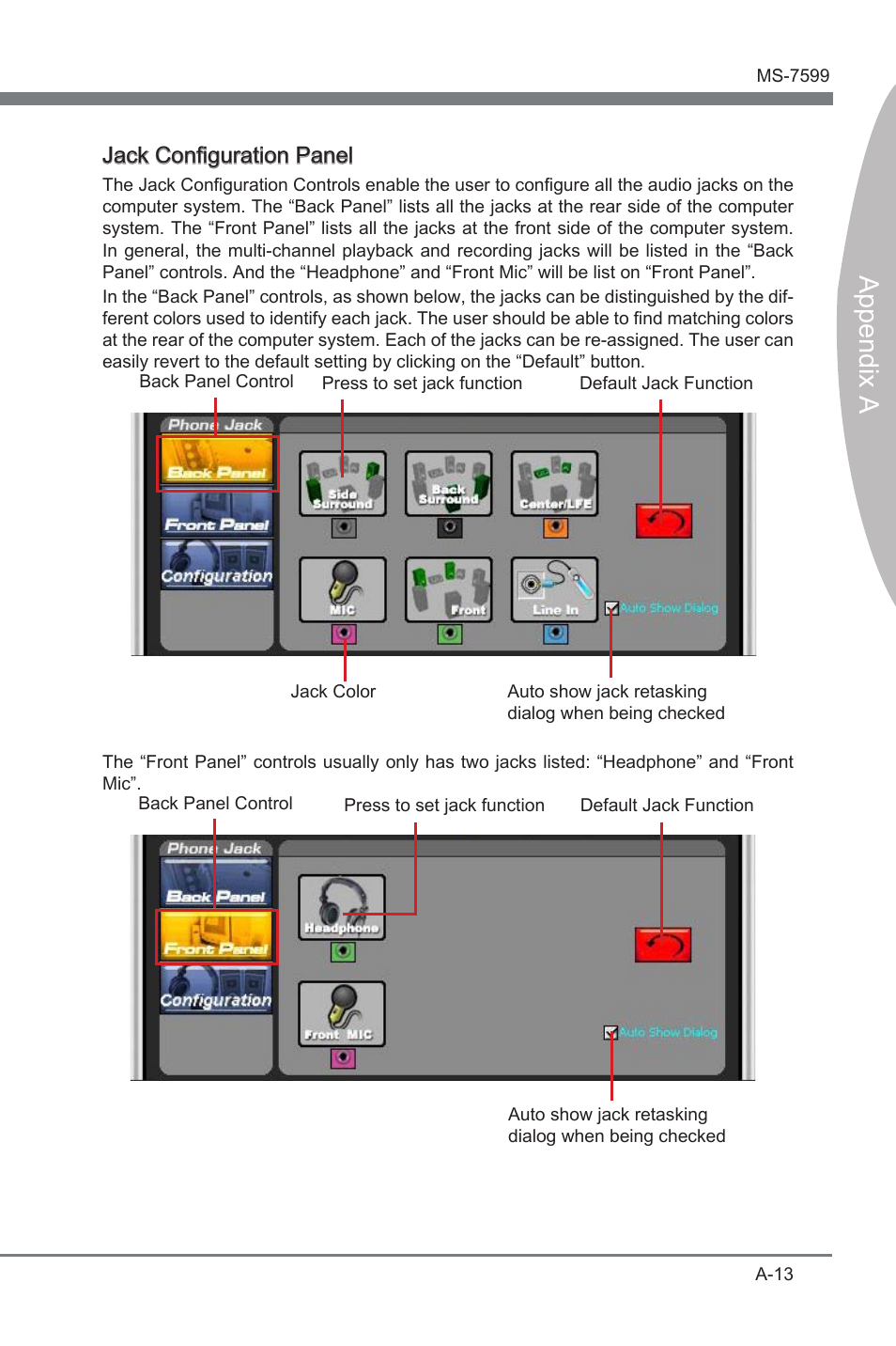 Append x a, Jack configuraton panel | MSI 870-G45 User Manual | Page 78 / 104