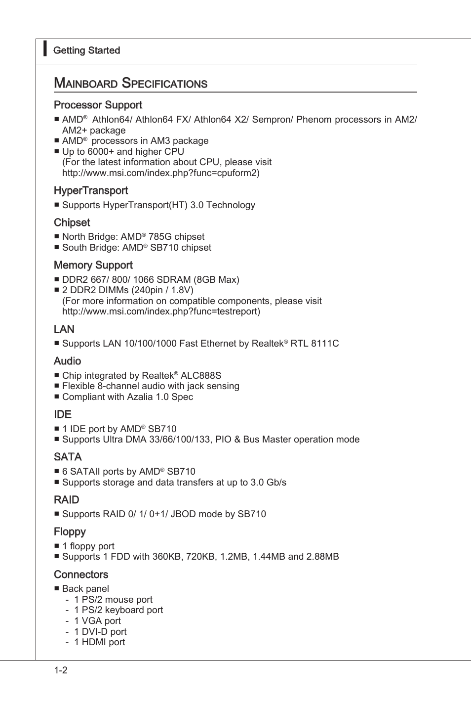 Mainboard specifications, Manboard specficatons -2 | MSI 785GTM-E45 User Manual | Page 12 / 106