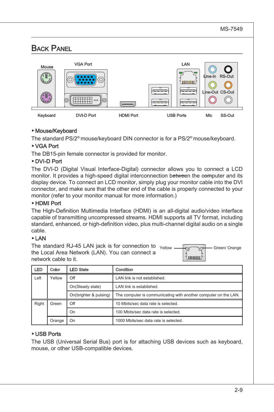 Back panel, Back panel -9 | MSI 785GTM-E45 User Manual | Page 25 / 106