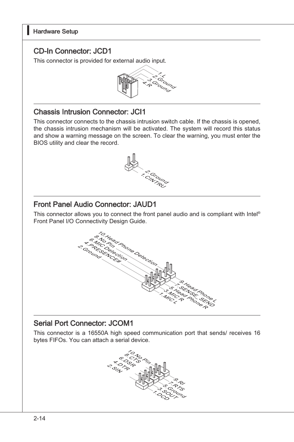 Cd-in connector: jcd1, Chasss intruson connector: jci1, Front panel audo connector: jaud1 | Seral port connector: jcom1 | MSI 785GTM-E45 User Manual | Page 30 / 106