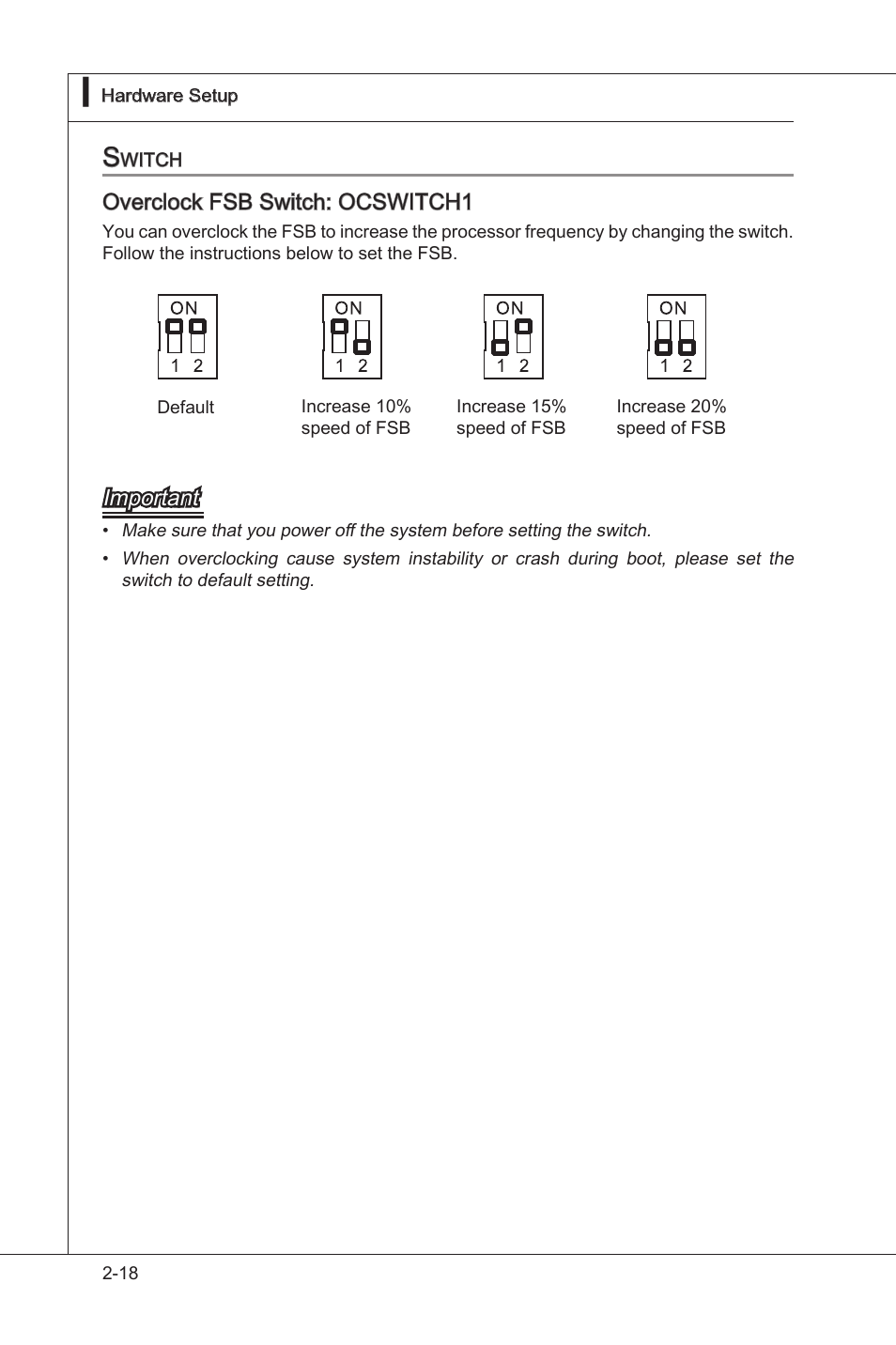 Switch, Swtch -18, Overclock fsb swtch: ocswitch1 | Important | MSI 785GTM-E45 User Manual | Page 34 / 106