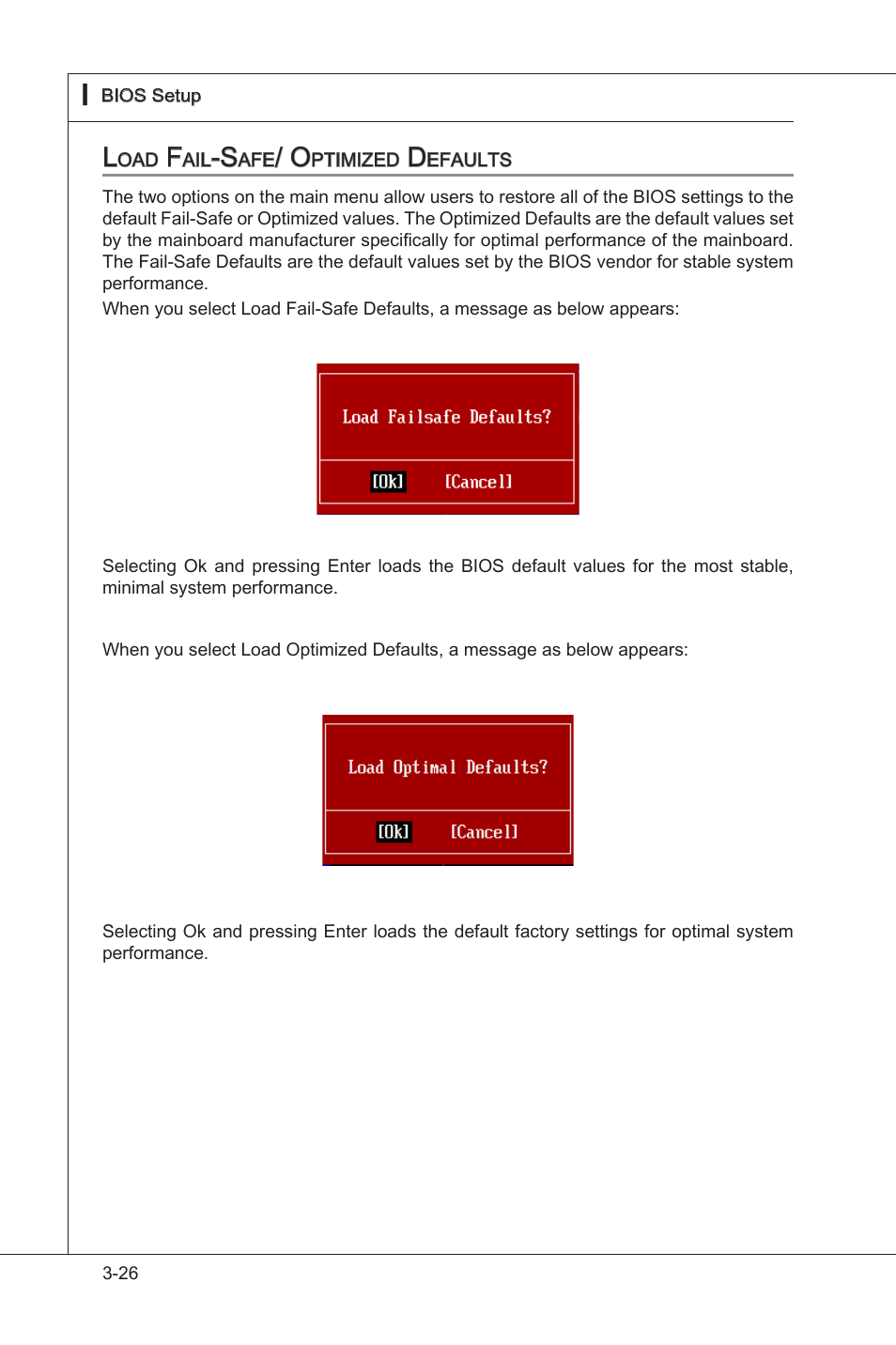 Load fail-safe/ optimized defaults, Load fal-safe/ optmzed defaults -26 | MSI 785GTM-E45 User Manual | Page 62 / 106