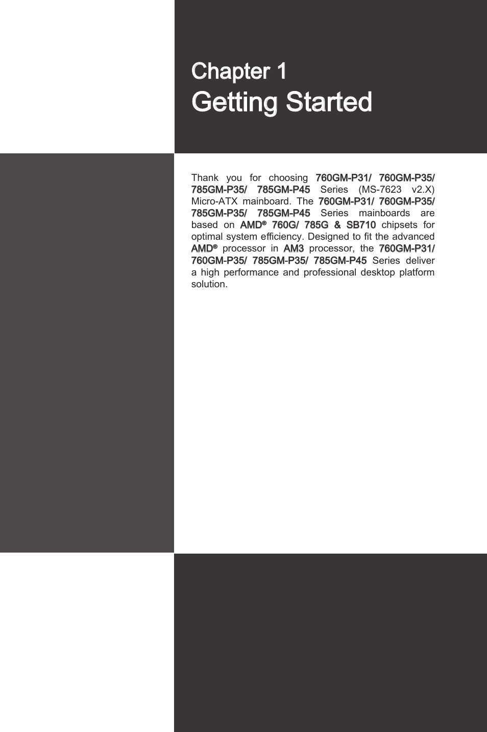 Gettng started, Chapter 1 | MSI 760GM-P35 User Manual | Page 11 / 97