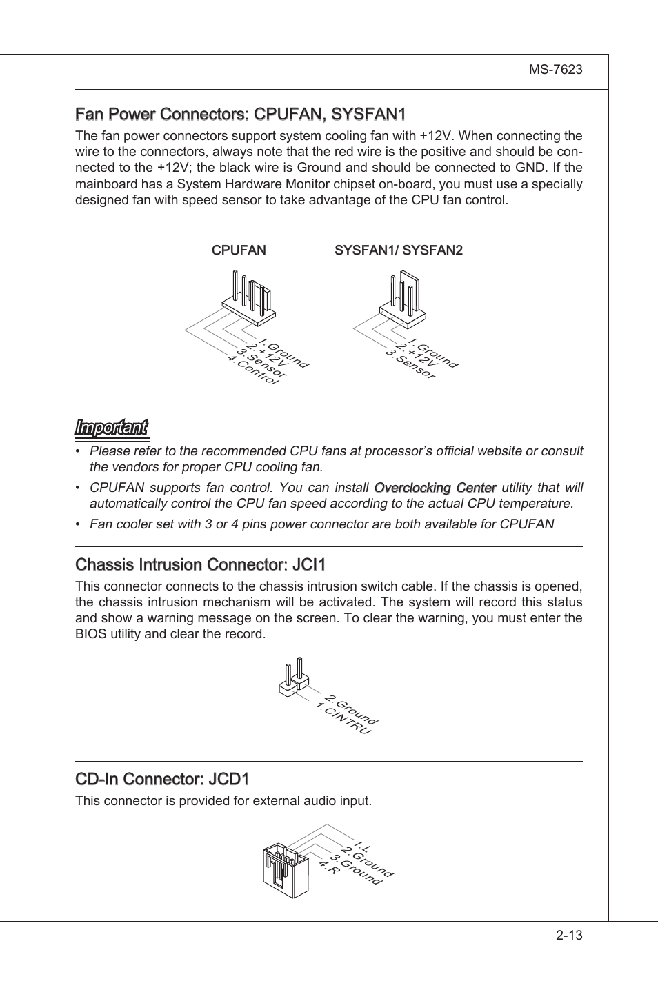 Fan power connectors: cpufan, sysfan1, Important, Chasss intruson connector: jci1 | Cd-in connector: jcd1 | MSI 760GM-P35 User Manual | Page 29 / 97