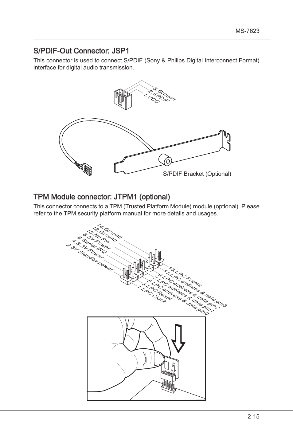 S/pdif-out connector: jsp1, Tpm module connector: jtpm1 (optonal) | MSI 760GM-P35 User Manual | Page 31 / 97