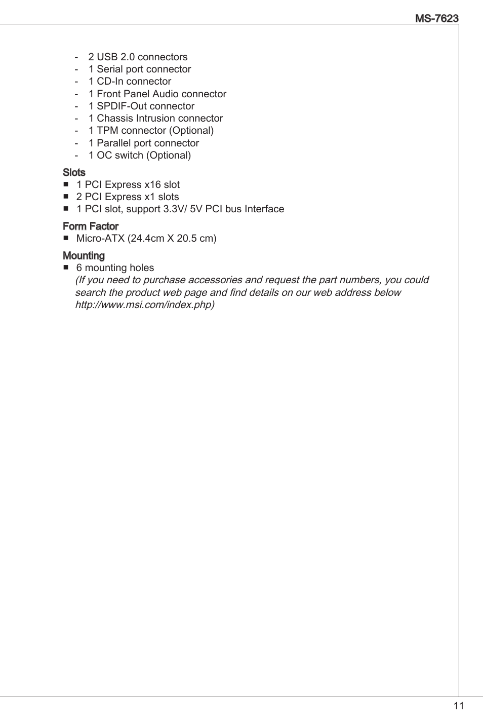 Specifications | MSI 760GM-P33 User Manual | Page 11 / 169