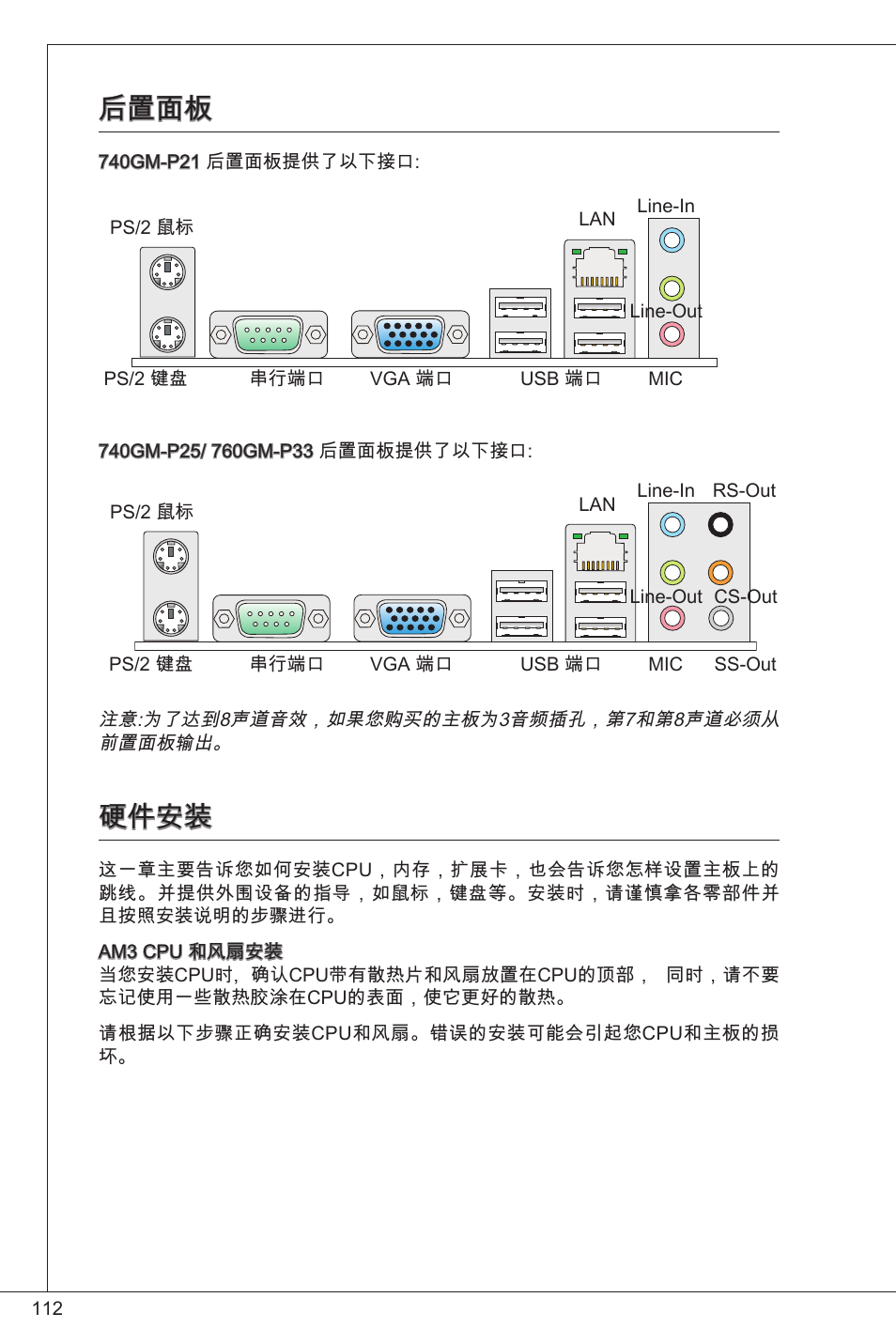 后置面板, 硬件安装 | MSI 760GM-P33 User Manual | Page 112 / 169
