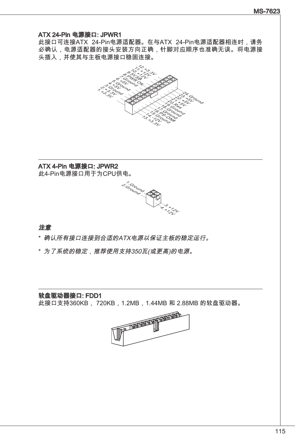 Atx 4-pin 电源接口: jpwr2 此4-pin电源接口用于为cpu供电 | MSI 760GM-P33 User Manual | Page 115 / 169