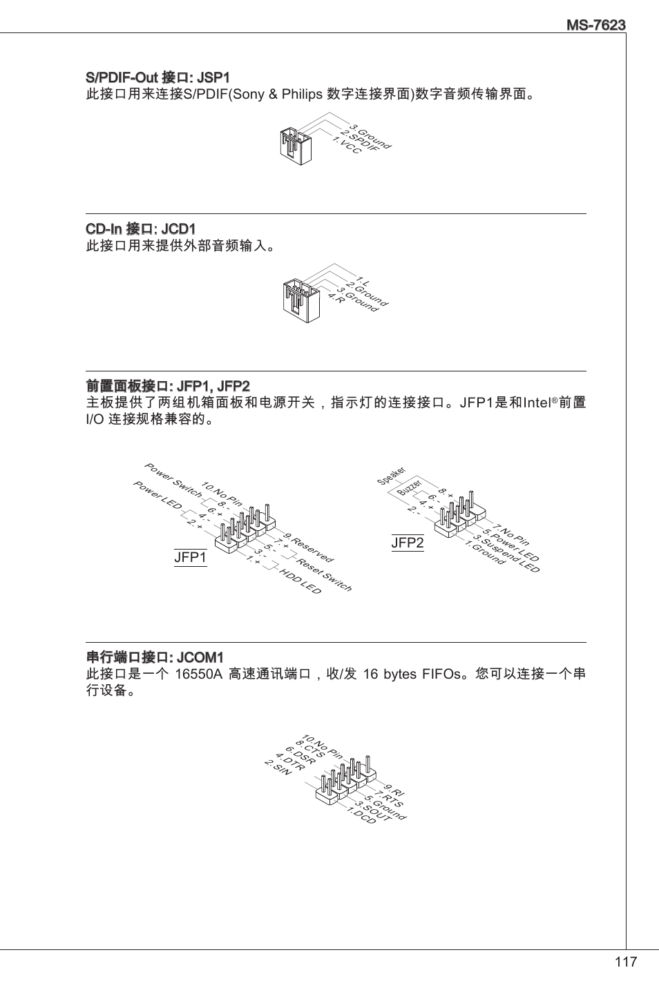 Cd-in 接口: jcd1 此接口用来提供外部音频输入, 前置 i/o 连接规格兼容的, Jfp1 | Cpufan, Sysfan1 | MSI 760GM-P33 User Manual | Page 117 / 169