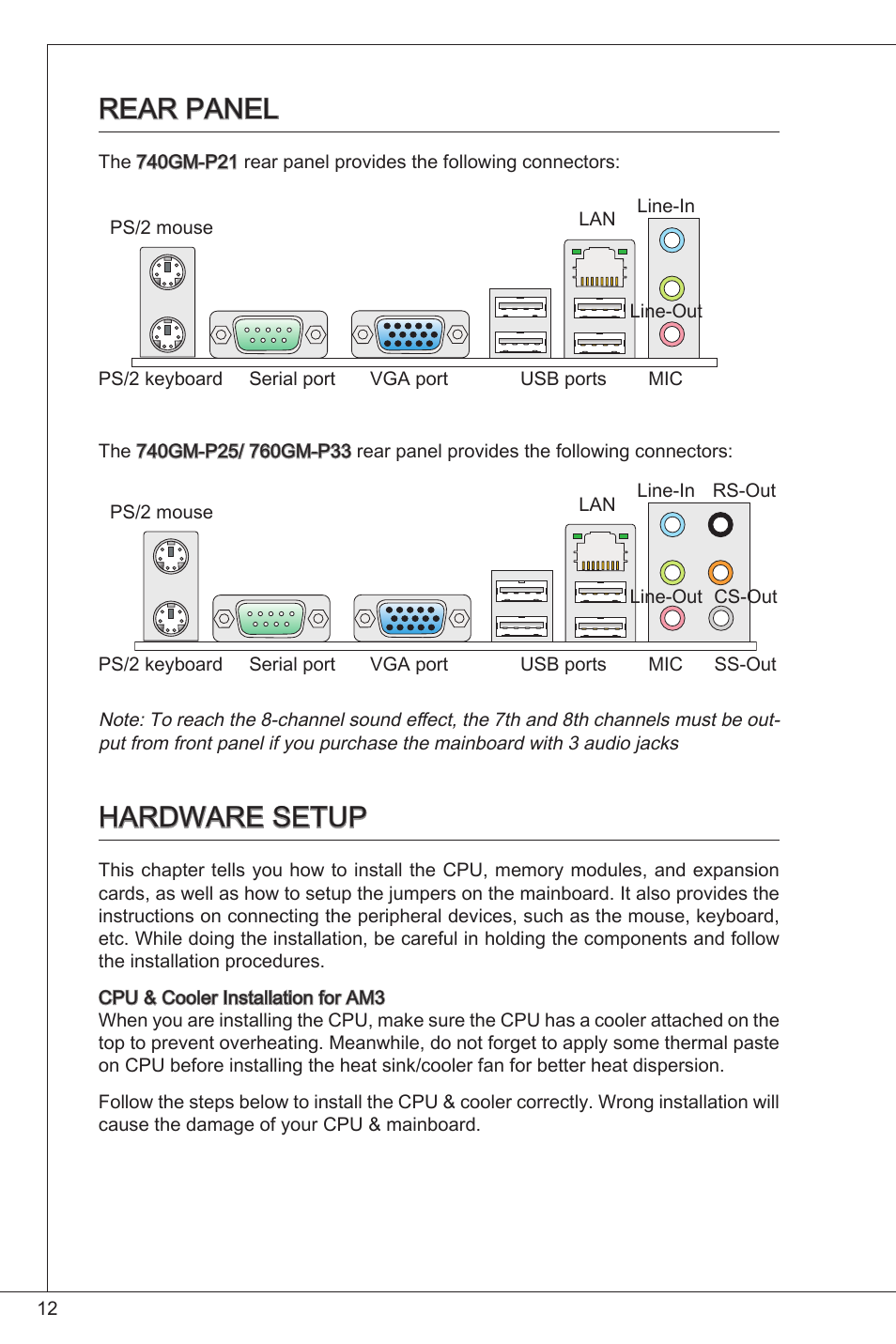 Rear panel, Hardware setup | MSI 760GM-P33 User Manual | Page 12 / 169