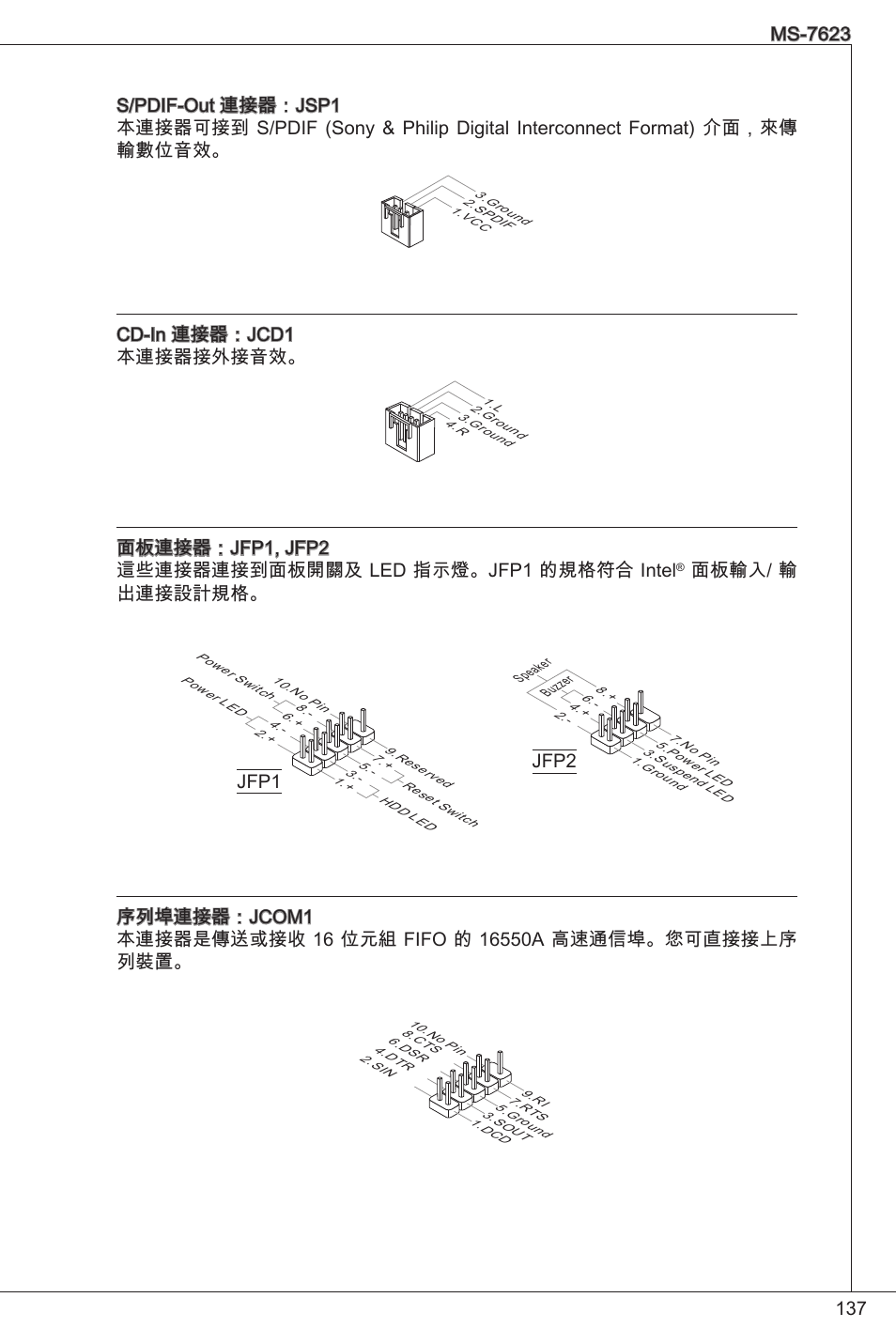 Cd-in 連接器：jcd1 本連接器接外接音效, 面板輸入/ 輸 出連接設計規格, Jfp1 | MSI 760GM-P33 User Manual | Page 137 / 169