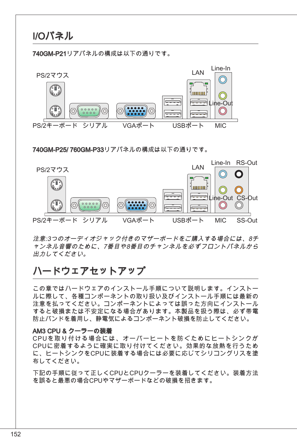 I/oパネル, ハードウェアセットアップ | MSI 760GM-P33 User Manual | Page 152 / 169