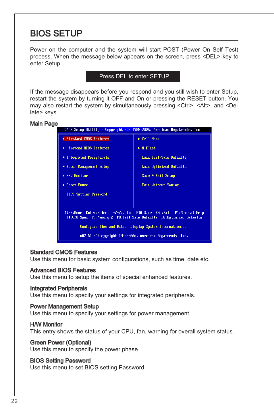 Bios setup | MSI 760GM-P33 User Manual | Page 22 / 169