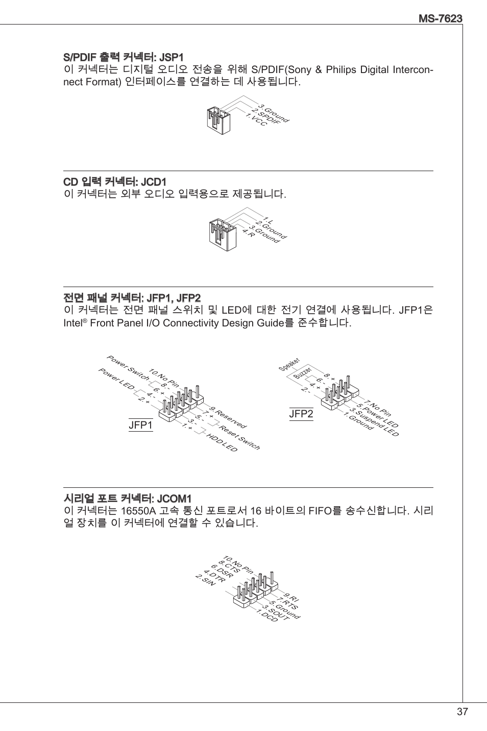 Cd 입력 커넥터: jcd1 이 커넥터는 외부 오디오 입력용으로 제공됩니다, Front panel i/o connectivity design guide를 준수합니다, Jfp1 | Cpufan, Sysfan1 | MSI 760GM-P33 User Manual | Page 37 / 169