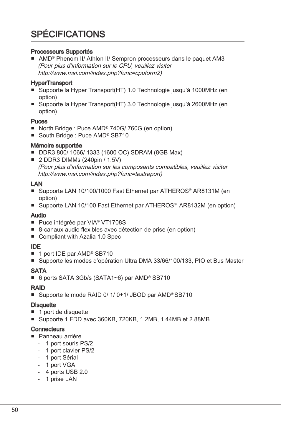Spécifications | MSI 760GM-P33 User Manual | Page 50 / 169
