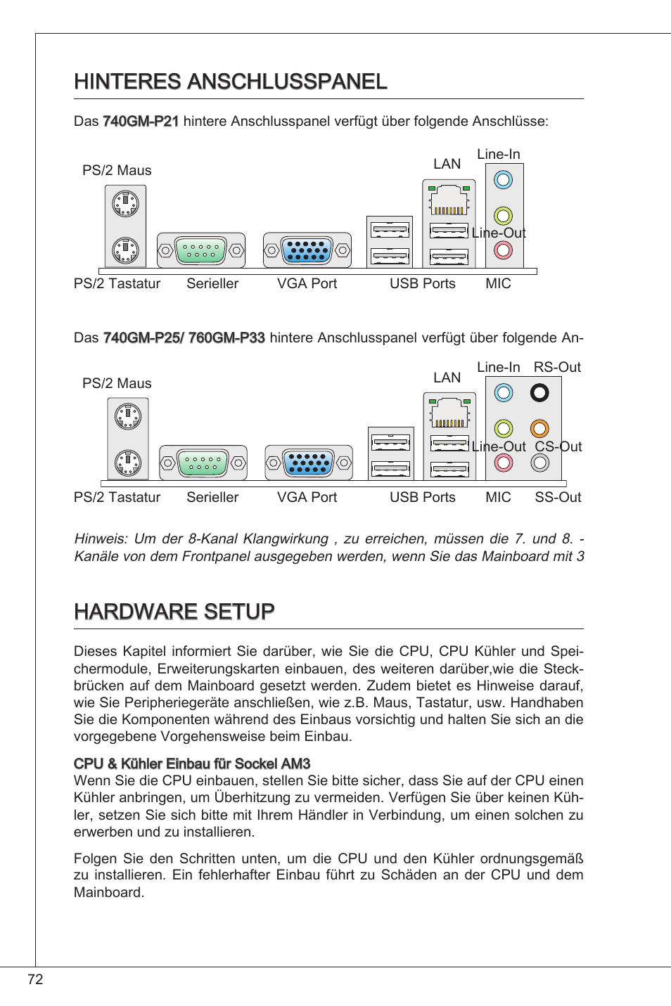 Hinteres anschlusspanel, Hardware setup | MSI 760GM-P33 User Manual | Page 72 / 169