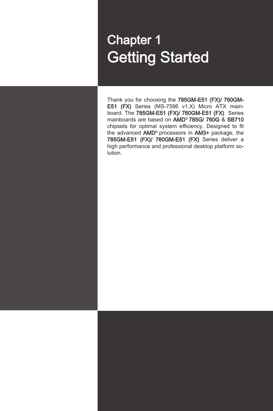Chapter 1 gettng started -1, Gettng started, Chapter 1 | MSI 760GM-E51 (FX) User Manual | Page 11 / 108