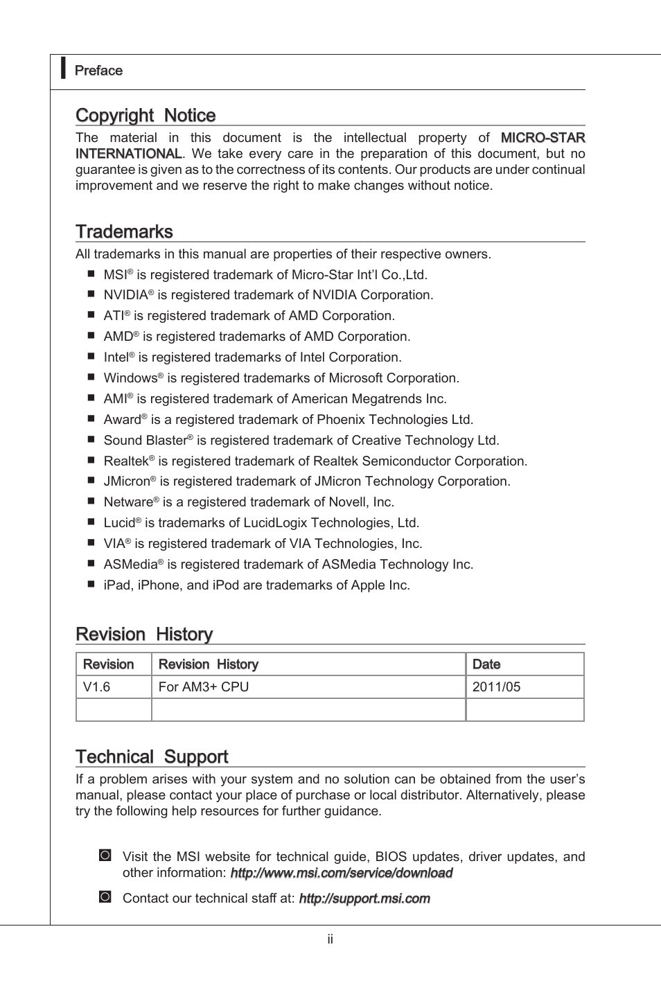 Copyrght notce, Trademarks, Revson hstory | Techncal support | MSI 760GM-E51 (FX) User Manual | Page 2 / 108