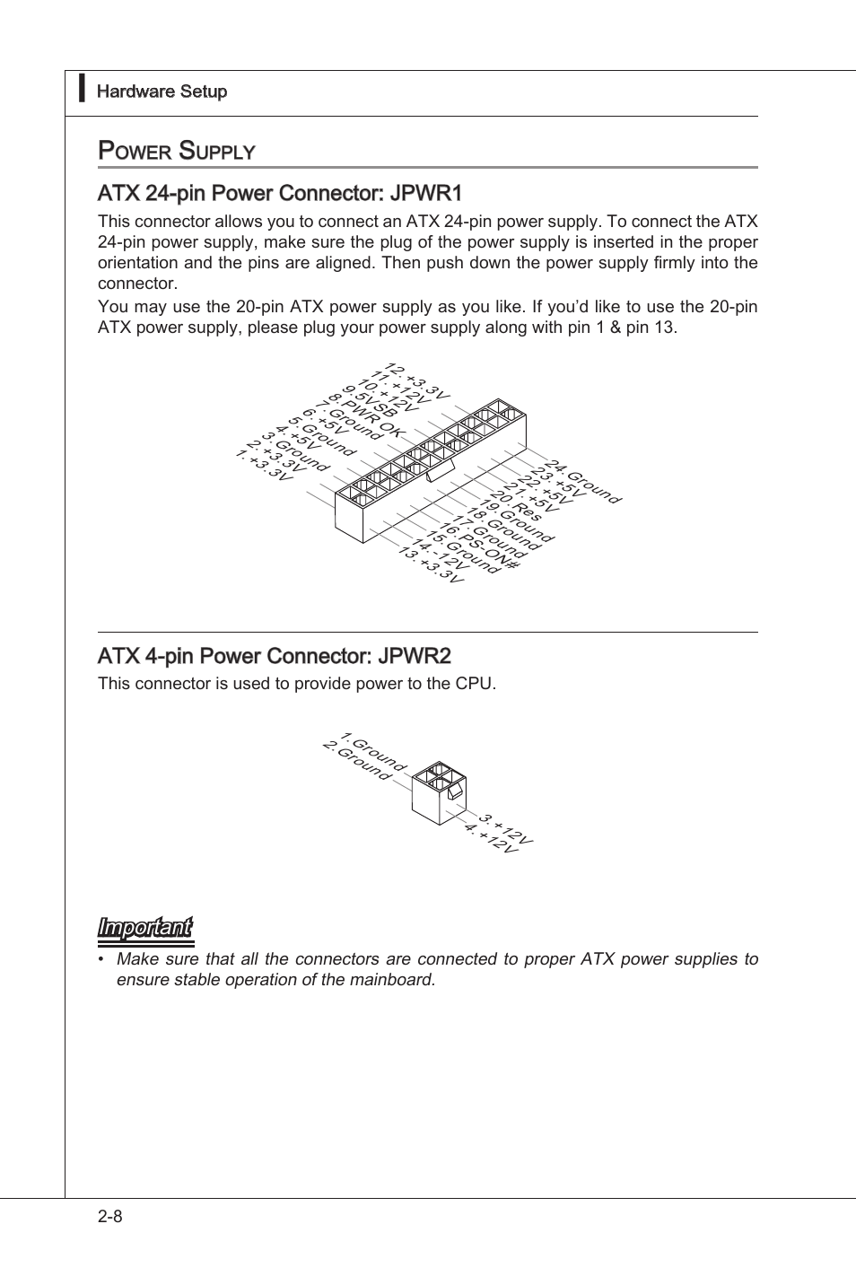 Power supply -8, Atx 24-pn power connector: jpwr1, Atx 4-pn power connector: jpwr2 | Important | MSI 760GM-E51 (FX) User Manual | Page 24 / 108