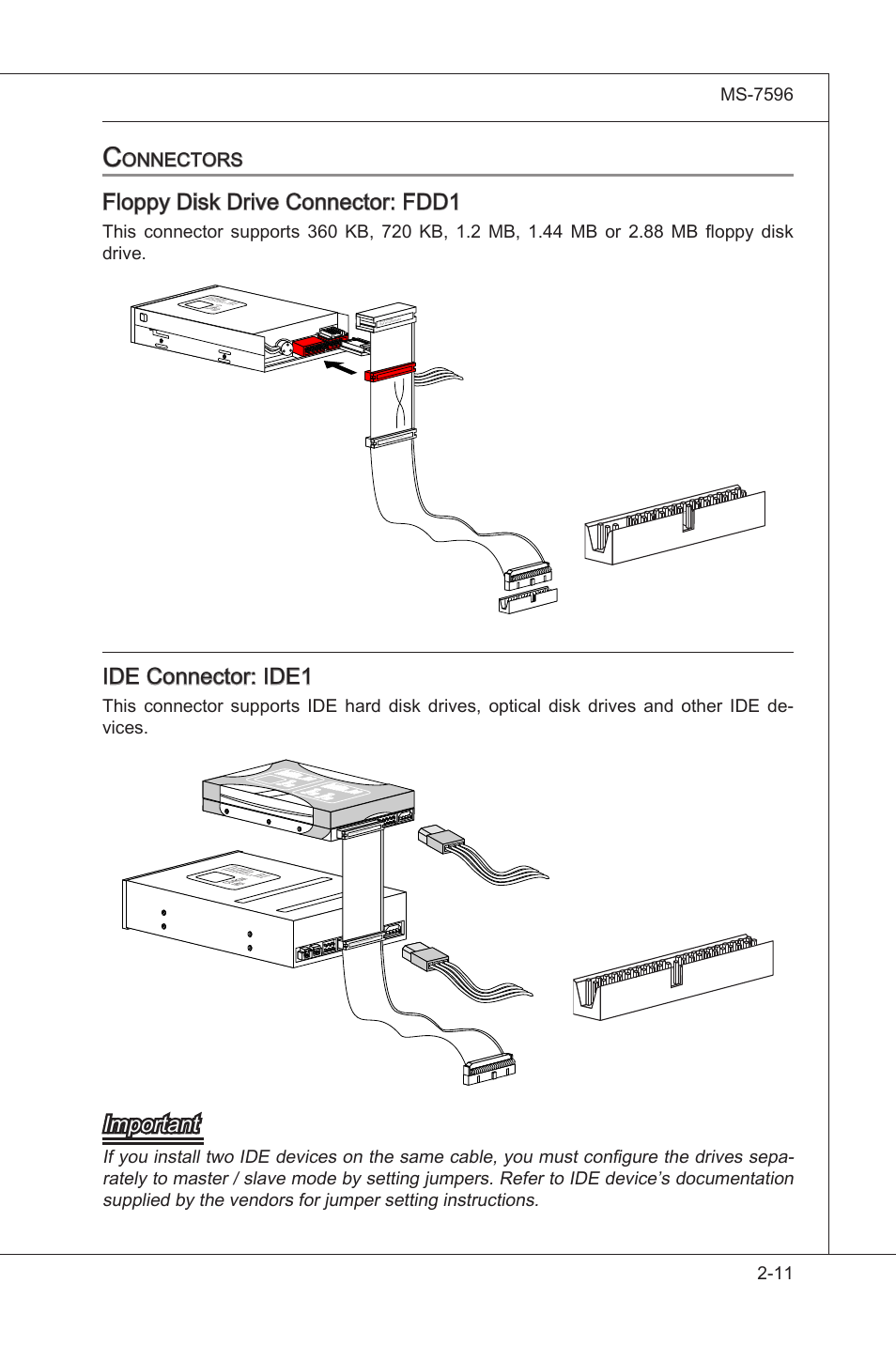 Connectors -11, Floppy dsk drve connector: fdd1, Ide connector: ide1 | Important, Onnectors, Hardware setup, Ms-7596 | MSI 760GM-E51 (FX) User Manual | Page 27 / 108
