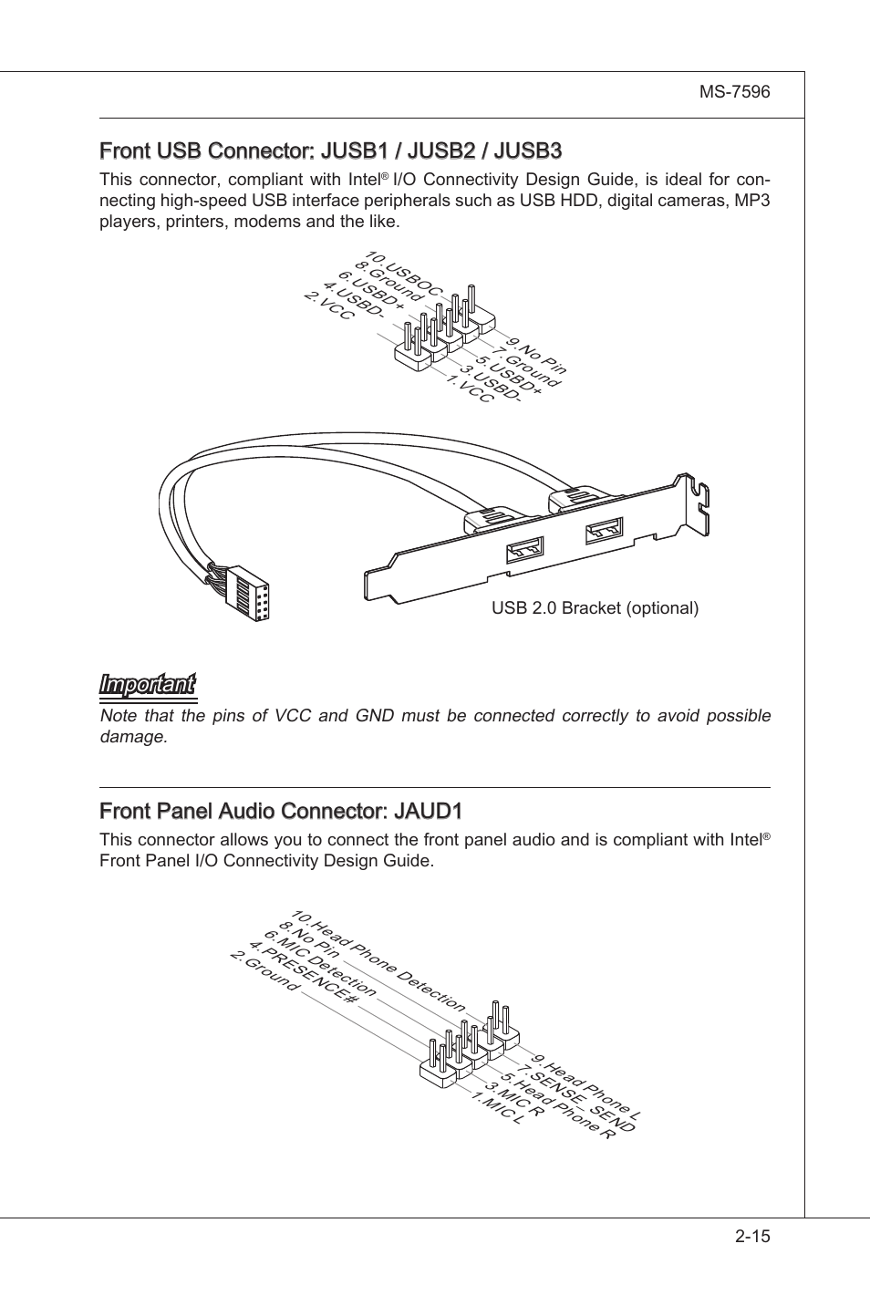 Front usb connector: jusb1 / jusb2 / jusb3, Important, Front panel audo connector: jaud1 | MSI 760GM-E51 (FX) User Manual | Page 31 / 108