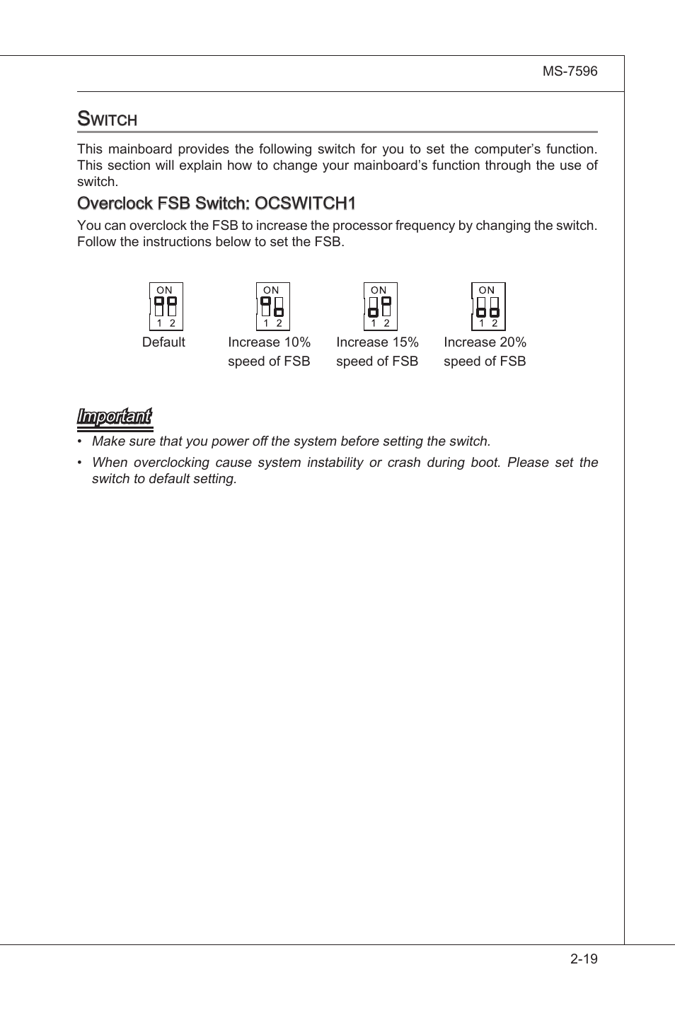 Swtch -19, Overclock fsb swtch: ocswitch1, Important | MSI 760GM-E51 (FX) User Manual | Page 35 / 108