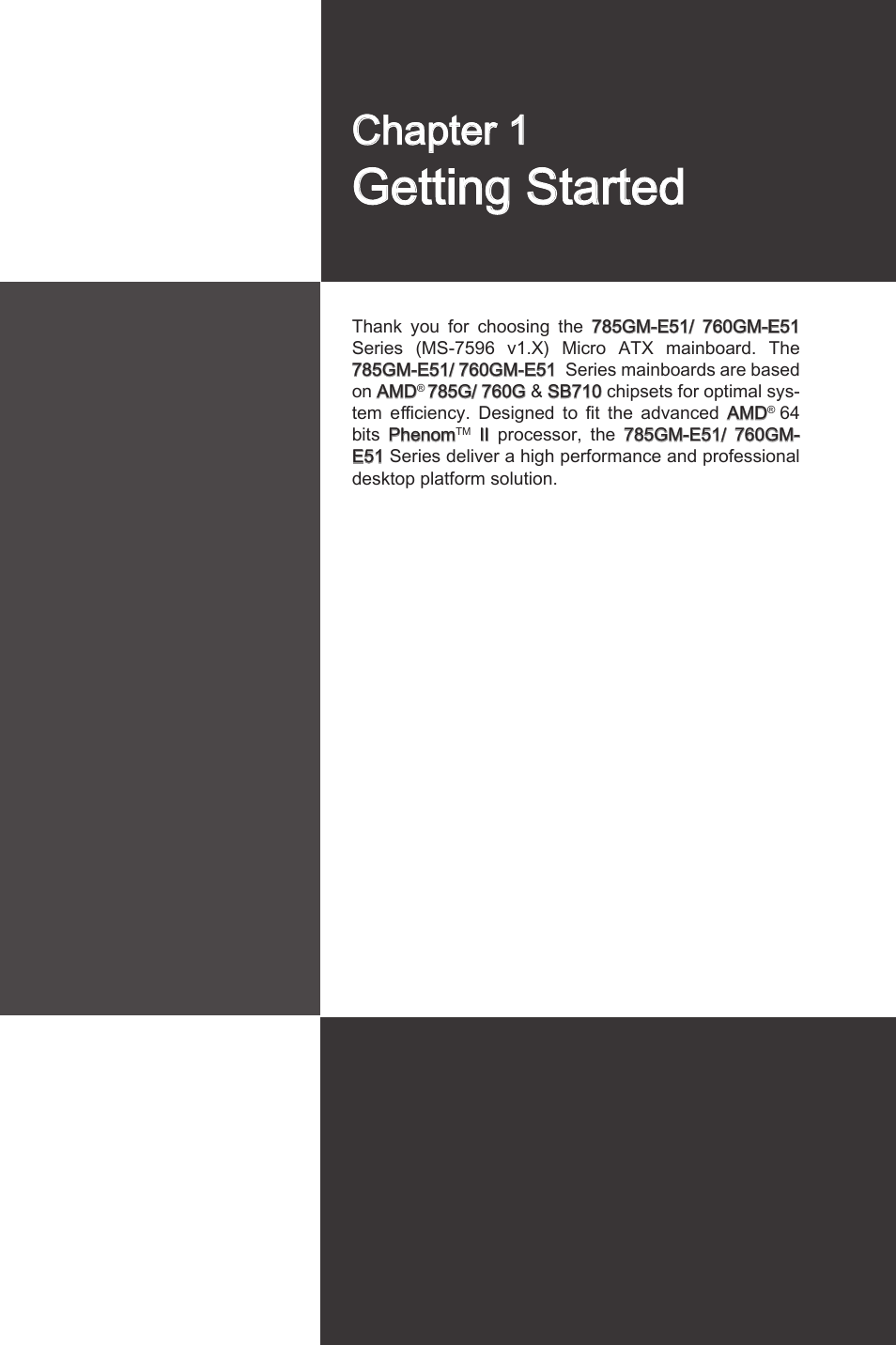 Gettng started, Chapter 1 | MSI 760GM-E51 User Manual | Page 10 / 106