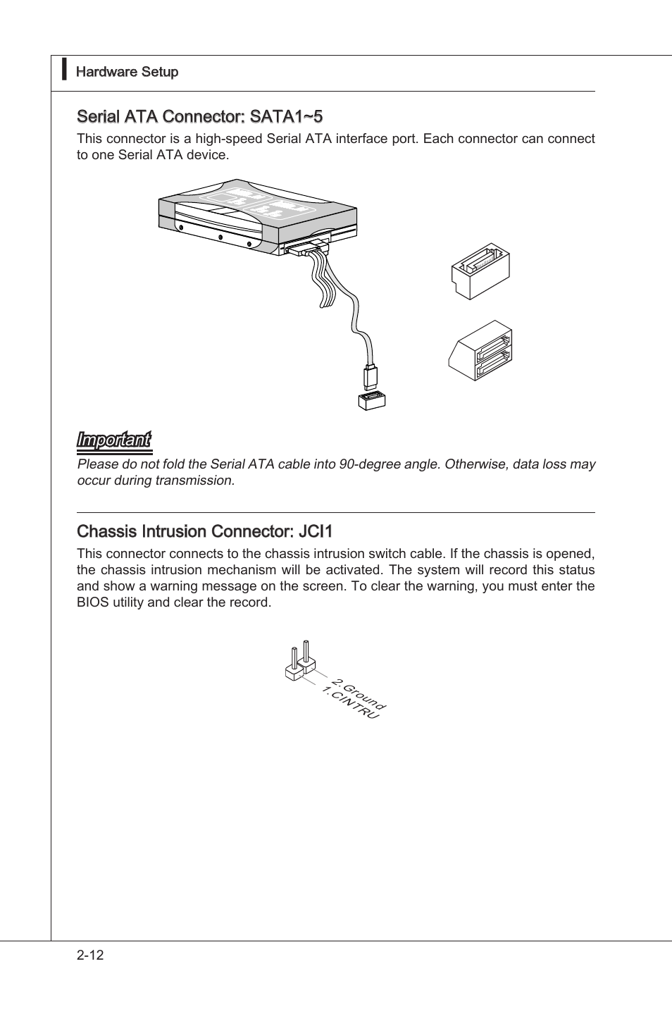 Seral ata connector: sata1~5, Important, Chasss intruson connector: jci1 | 12 hardware setup, Ms-7596 hardware setup, Ms-7596, Cin tru 2.gro und | MSI 760GM-E51 User Manual | Page 27 / 106