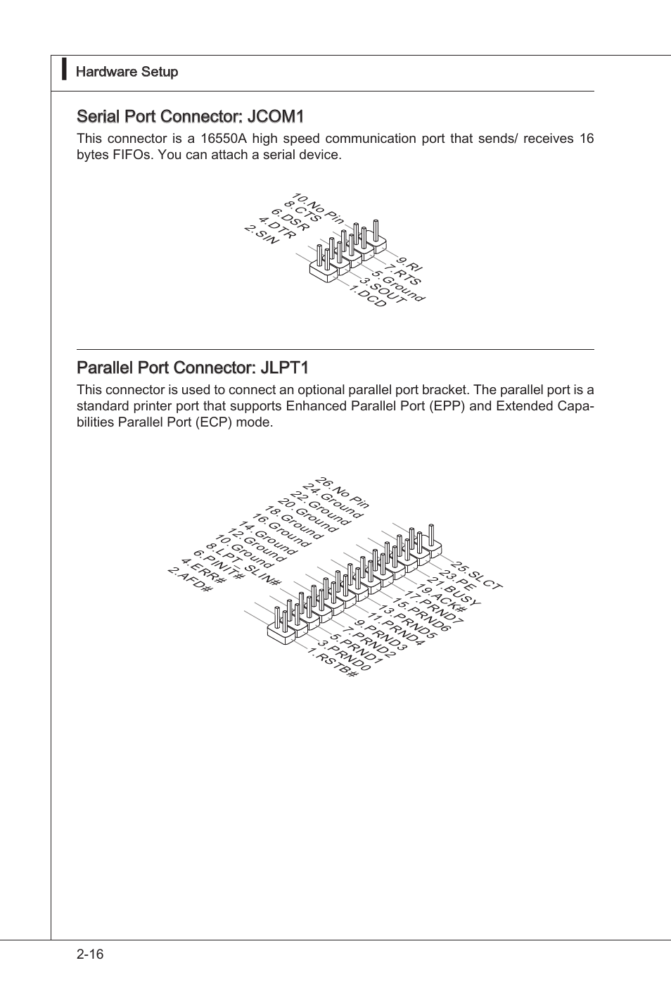 Seral port connector: jcom1, Parallel port connector: jlpt1 | MSI 760GM-E51 User Manual | Page 31 / 106