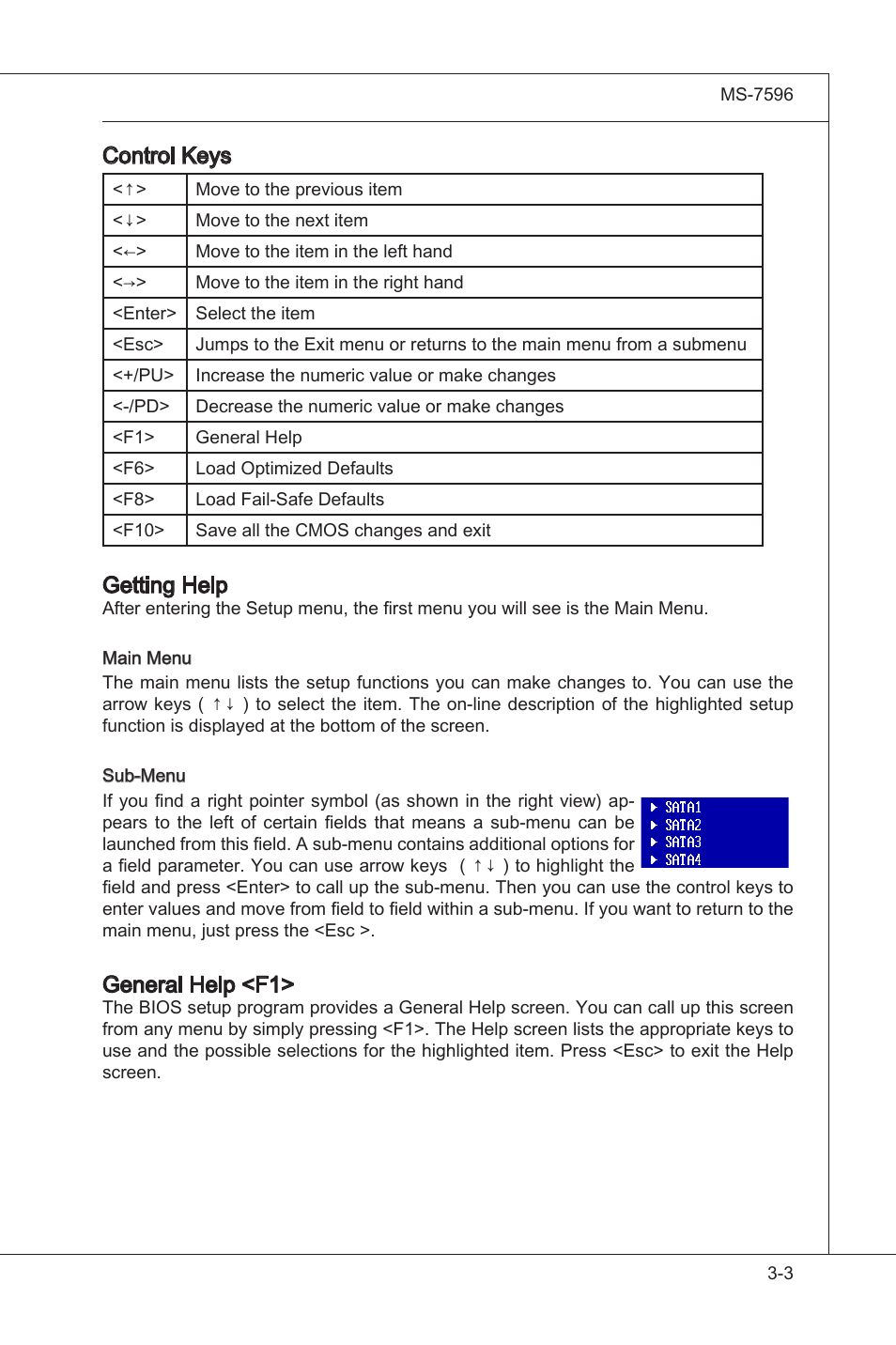 Control keys, Gettng help, General help <f1 | MSI 760GM-E51 User Manual | Page 42 / 106