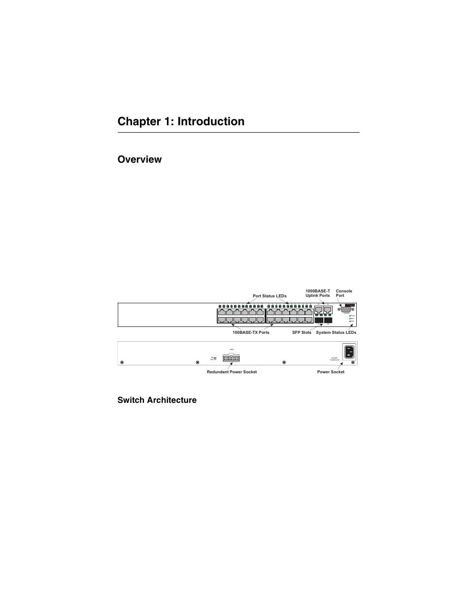 Chapter 1: introduction, Overview, Switch architecture | Switching method, Overview 1-1, Figure 1-1, Front and rear panels, Es3628ea | Accton Technology ES3628EA User Manual | Page 17 / 62