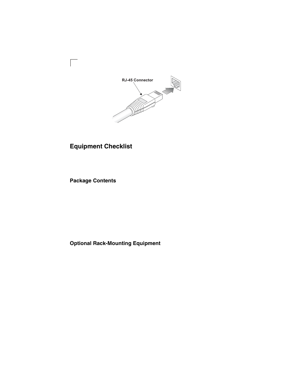 Equipment checklist, Package contents, Optional rack-mounting equipment | Figure 3-1, Rj-45 connections | Accton Technology ES3628EA User Manual | Page 32 / 62