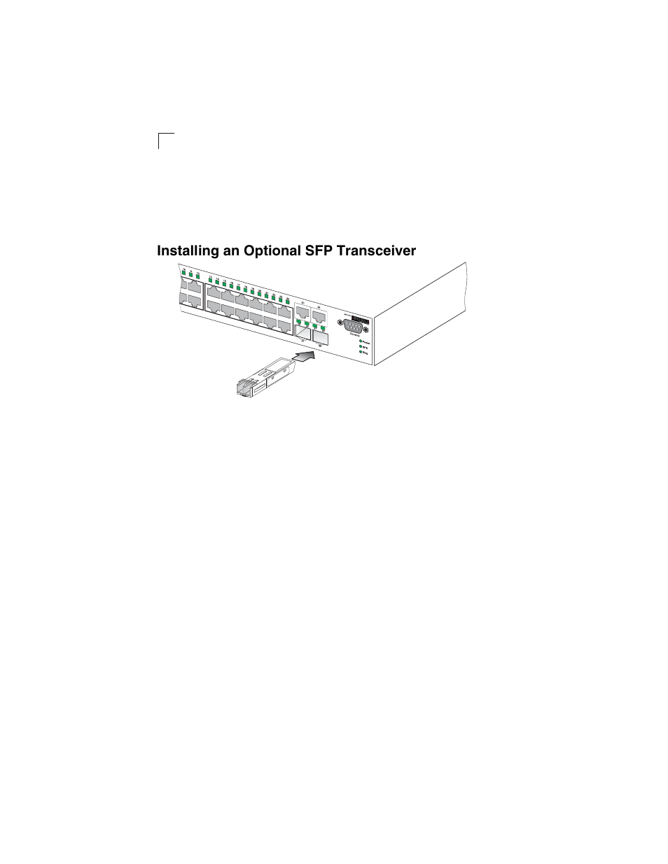 Installing an optional sfp transceiver, Figure 3-5, Inserting an sfp transceiver into a slot | Accton Technology ES3628EA User Manual | Page 36 / 62