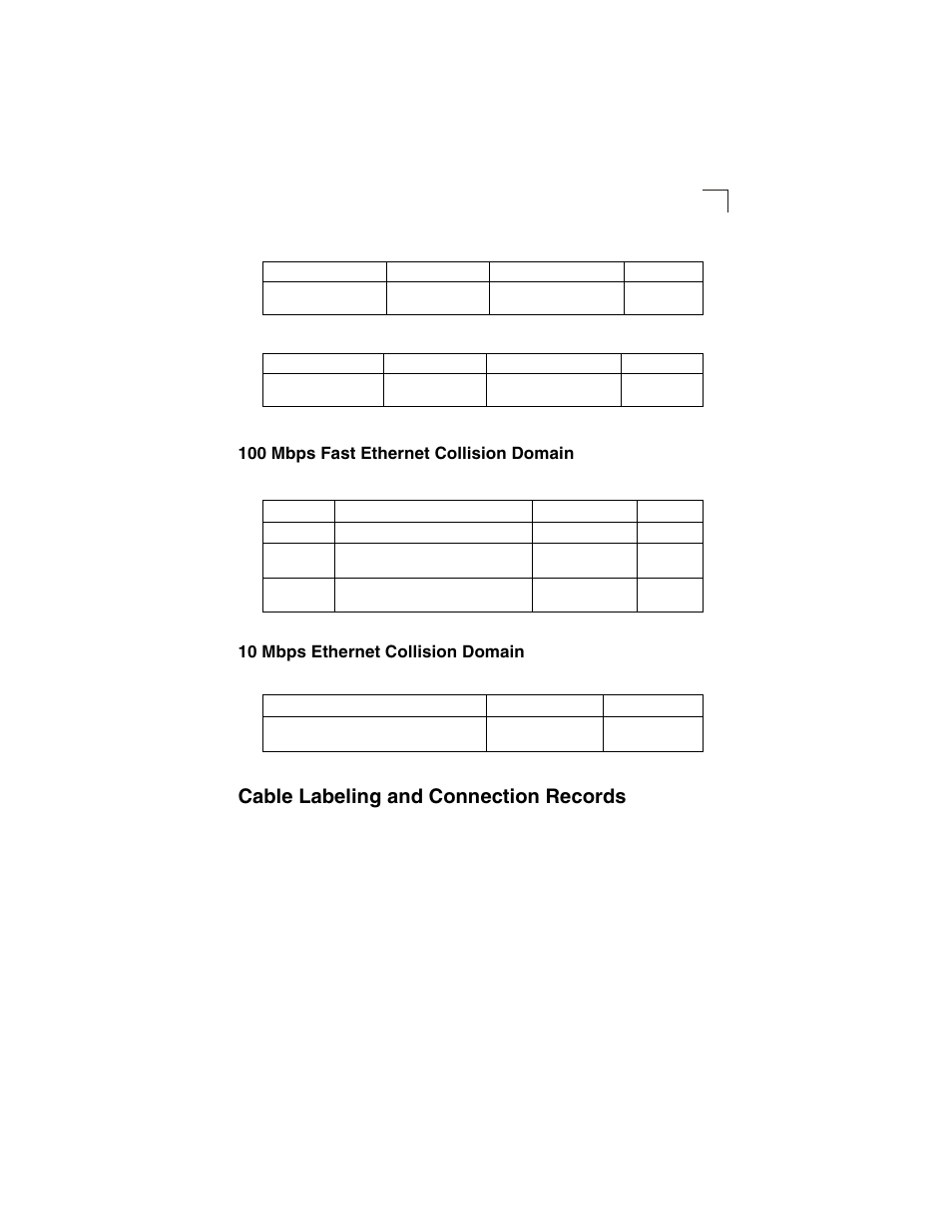 100 mbps fast ethernet collision domain, 10 mbps ethernet collision domain, Cable labeling and connection records | Table 4-3, Maximum 1000base-lx gigabit ethernet cable length, Table 4-4, Maximum 1000base-lh gigabit ethernet cable length, Table 4-5, Maximum fast ethernet cable length, Table 4-6 | Accton Technology ES3628EA User Manual | Page 43 / 62