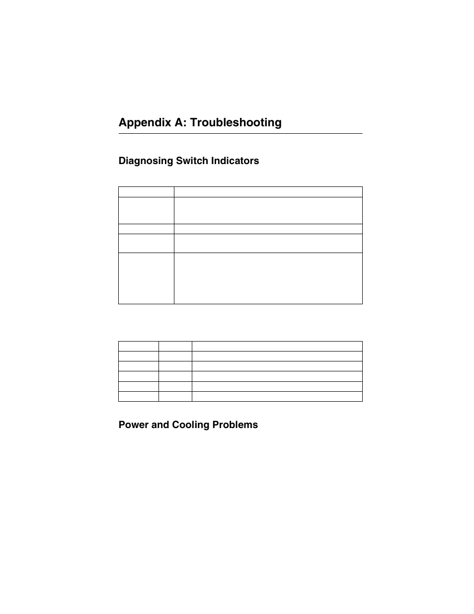 Appendix a: troubleshooting, Diagnosing switch indicators, Diagnosing power problems with the leds | Power and cooling problems, Table a-1, Troubleshooting chart, Table a-2, Power/rps leds | Accton Technology ES3628EA User Manual | Page 45 / 62