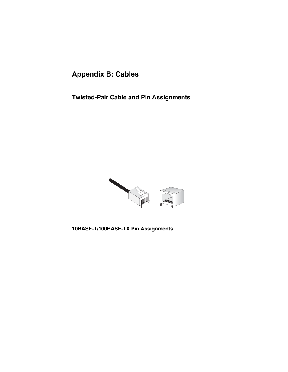 Appendix b: cables, Twisted-pair cable and pin assignments, 10base-t/100base-tx pin assignments | Figure b-1, Rj-45 connector pin numbers | Accton Technology ES3628EA User Manual | Page 47 / 62