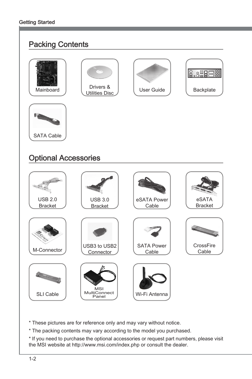 Packng contents -2 optonal accessores -2, Packng contents, Optonal accessores | MSI Z77 MPOWER User Manual | Page 14 / 100