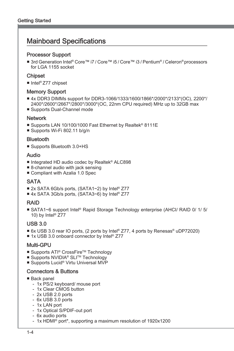 Manboard specficatons -4, Manboard specficatons | MSI Z77 MPOWER User Manual | Page 16 / 100