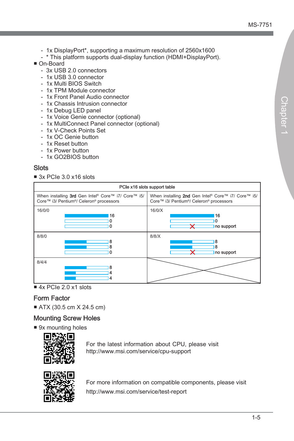 Chapter 1, Slots, Form factor | Mountng screw holes | MSI Z77 MPOWER User Manual | Page 17 / 100