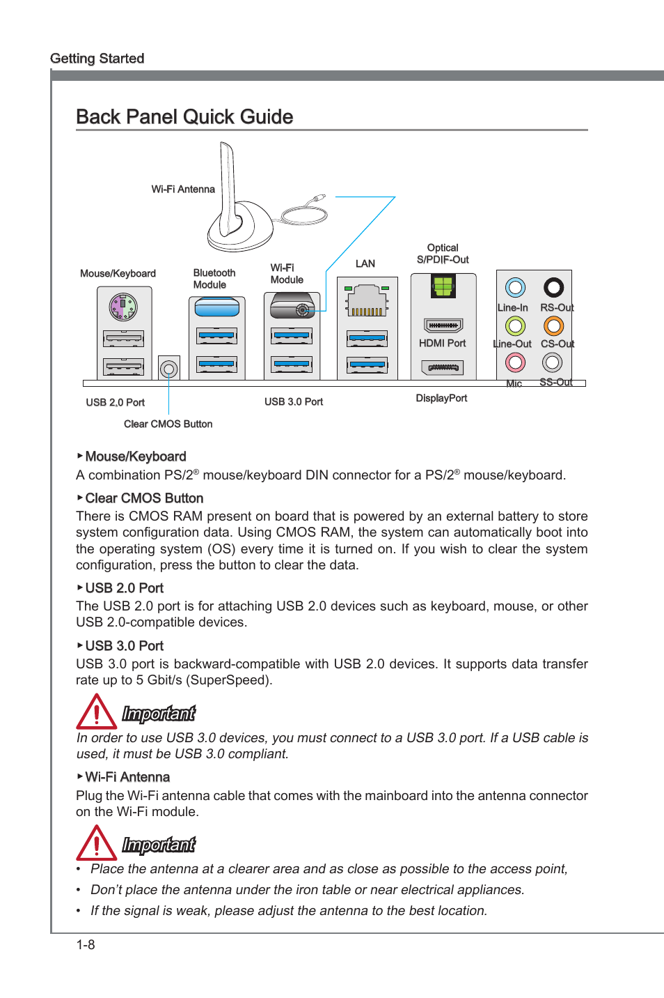 Back panel quck gude -8, Back panel quck gude, Important | MSI Z77 MPOWER User Manual | Page 20 / 100