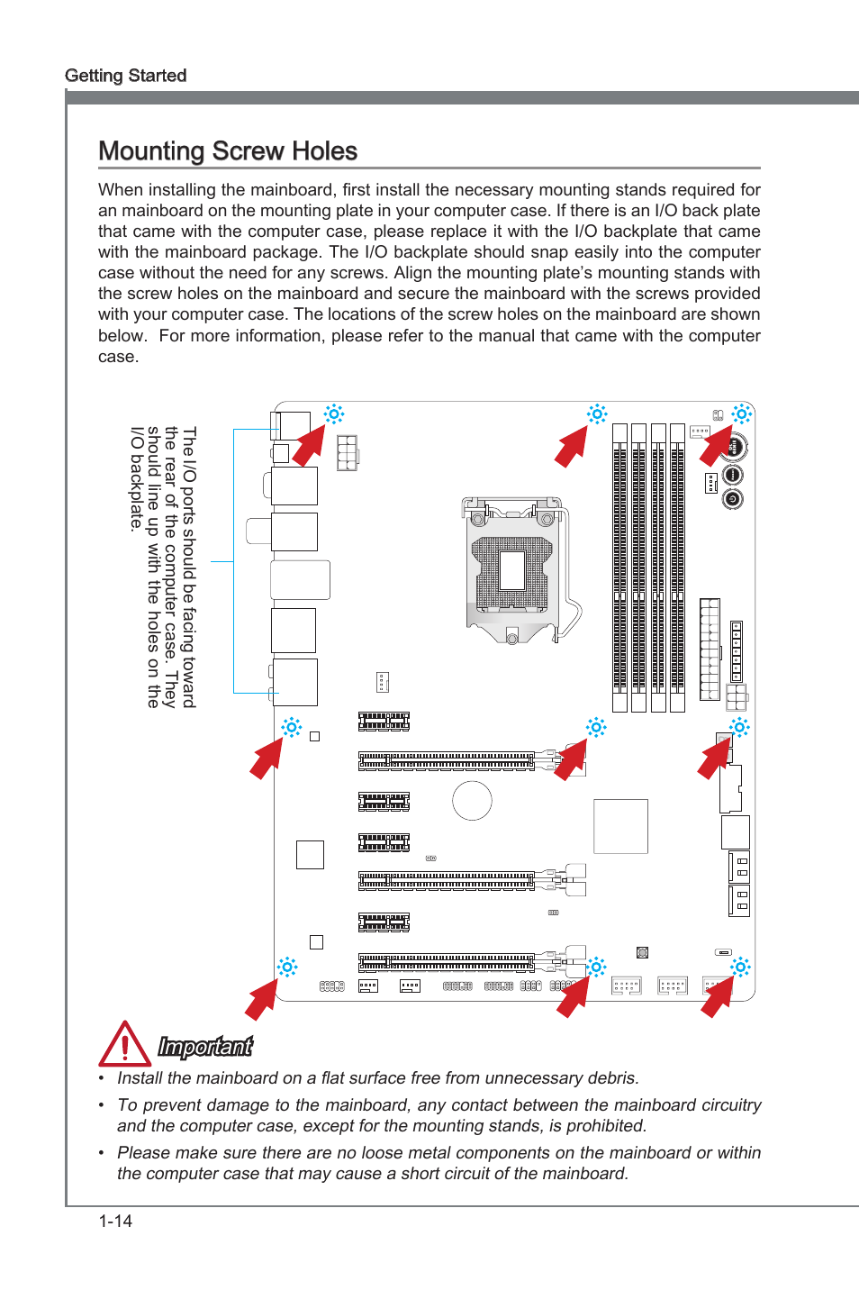 Mountng screw holes -14, Mountng screw holes, Important | MSI Z77 MPOWER User Manual | Page 26 / 100